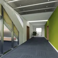 Realizarea ventilaţiei prin conducte CLIMAVER® amplasată sub plafon continuu din plăci de gips-carton. Finisarea pardoselii cu piatră naturală în sala de mese