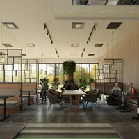 Realizarea ventilaţiei prin conducte CLIMAVER® amplasată sub plafon continuu din plăci de gips-carton. Finisarea pardoselii cu piatră naturală în sala de mese