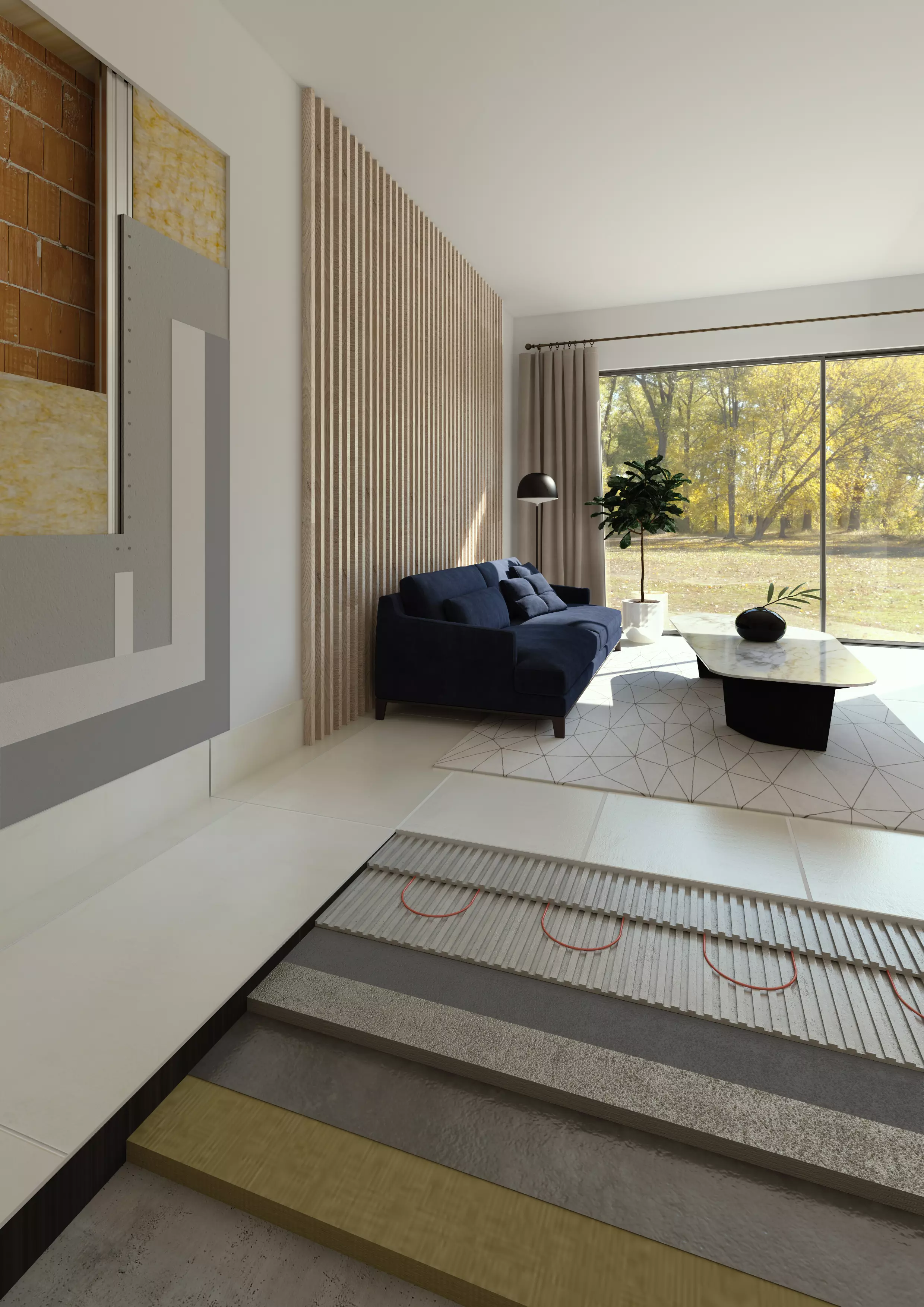 Soluție de pardoseală încălzită finisată cu piatră naturală și execuție tencuială interioară termoizolantă