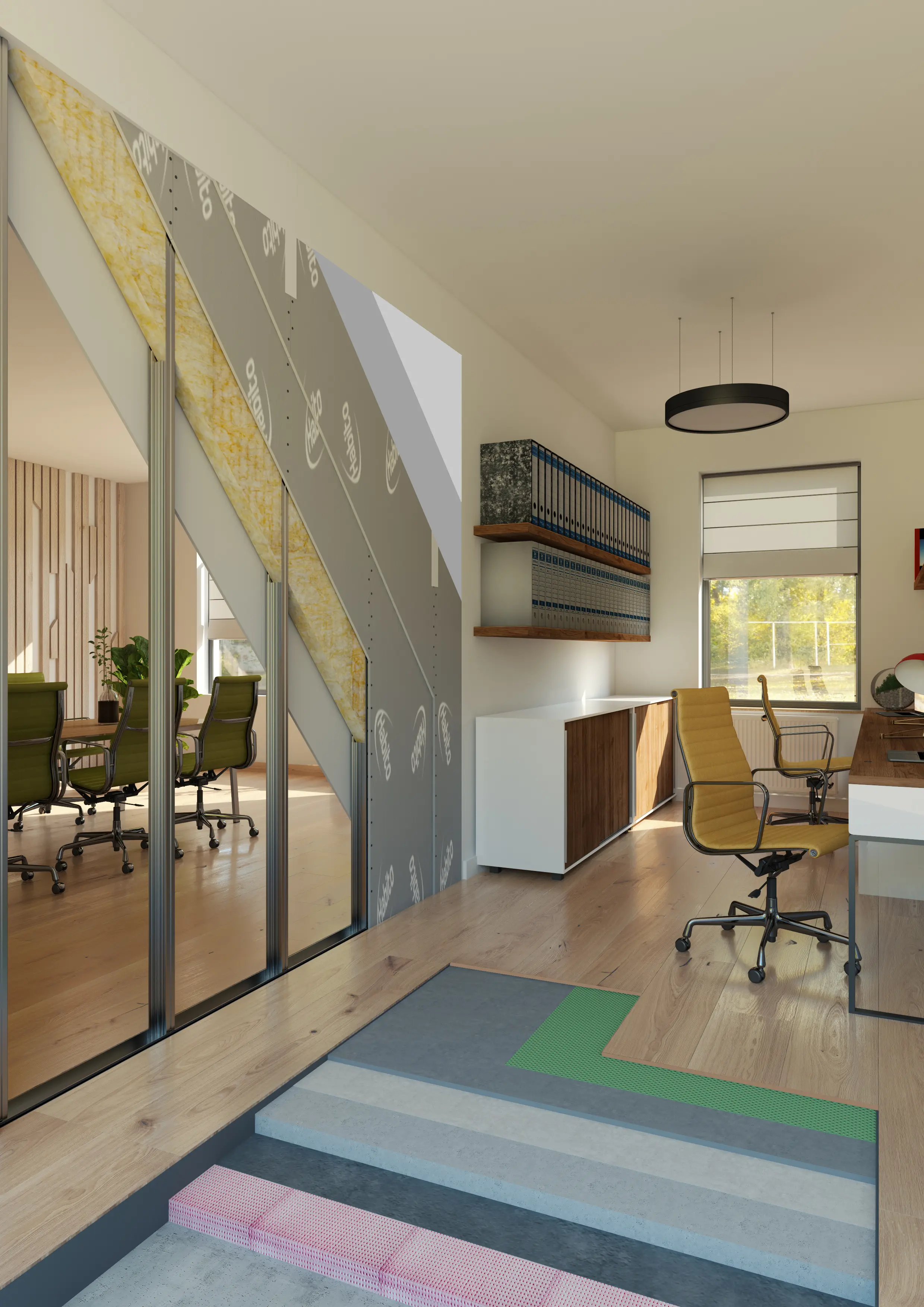 Pereţi de compartimentare ușori,  realizaţi cu plăci Habito®, adecvate  pentru suspendarea corpurilor de  mobilier. Realizarea pardoselii  rezistentă la trafic moderat