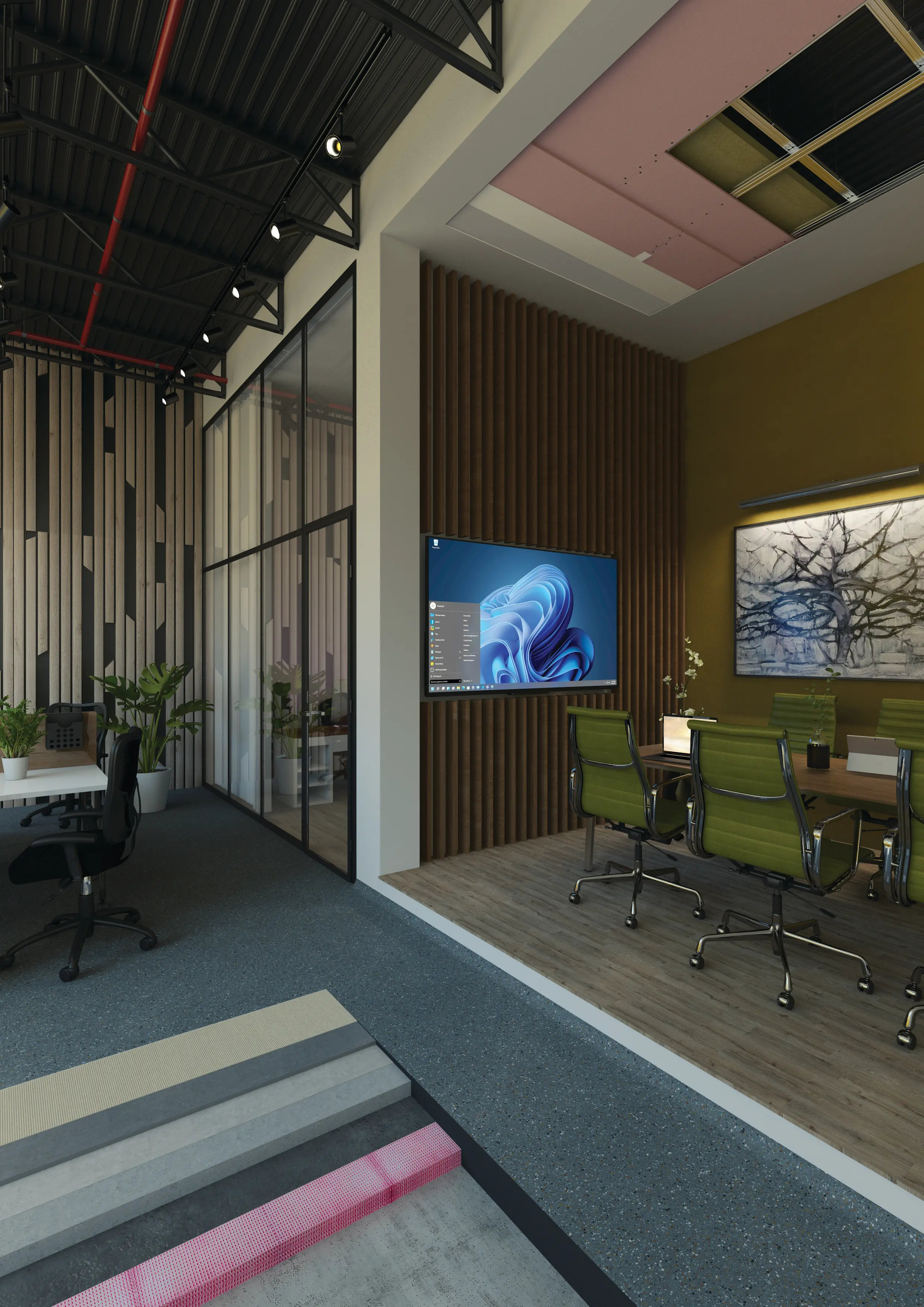 Realizarea plafonului suspendat cu plăci din gips-carton rezistent la foc. Finisarea pardoselii în clădiri industriale