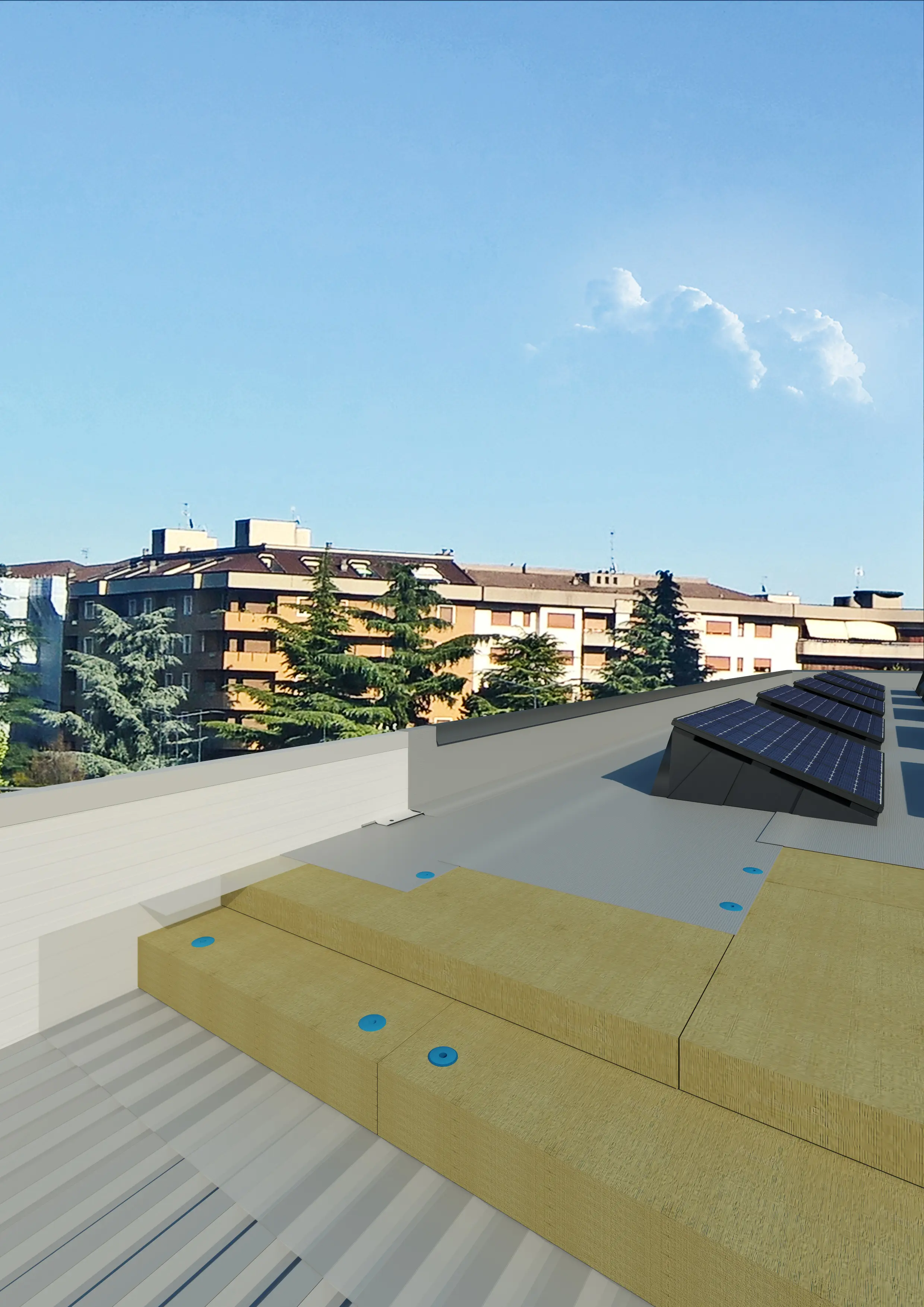 Realizarea acoperişului terasă cu circulaţie pietonală ocazională și panouri fotovoltaice